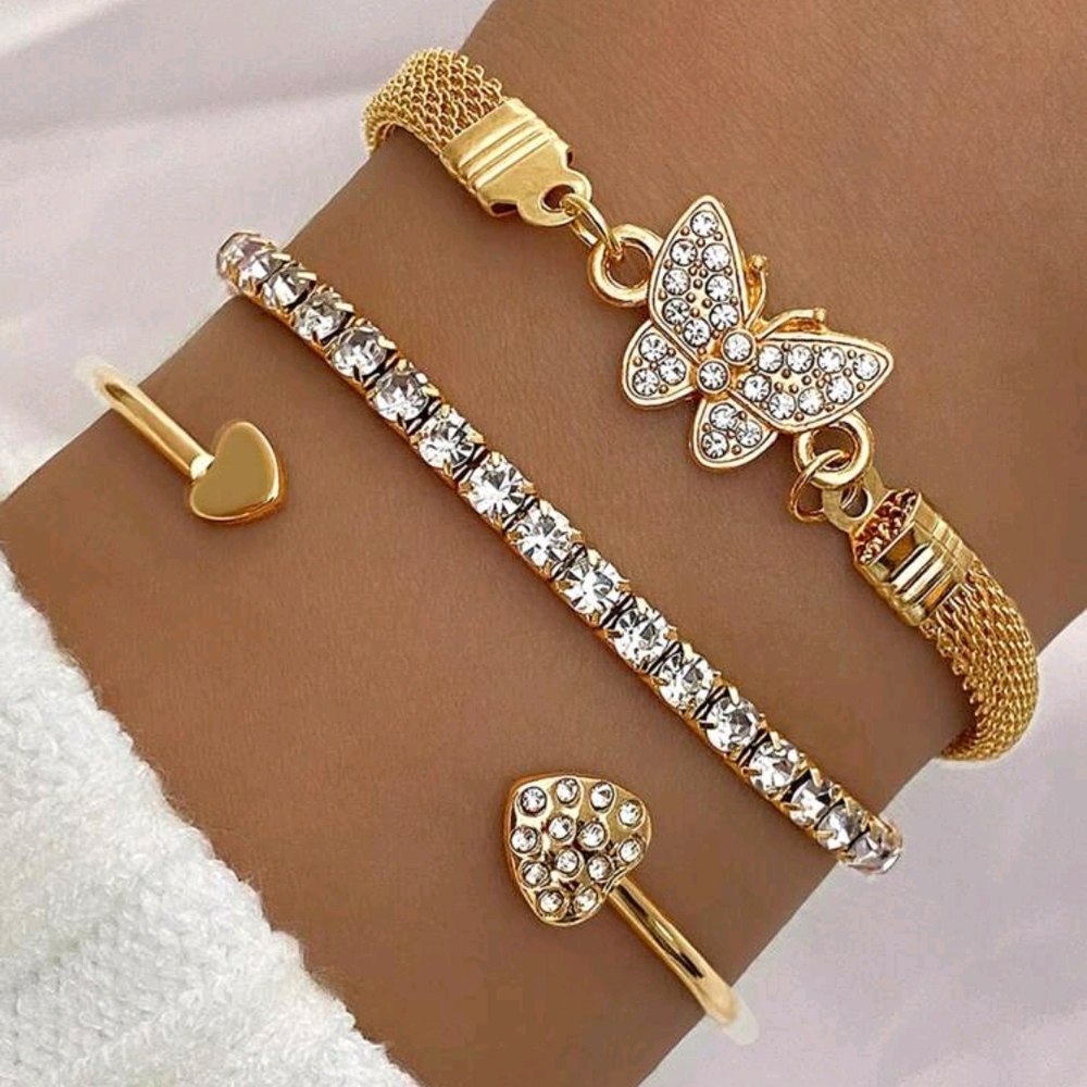 Gold Tone Butterfly and Heart Bracelet Set